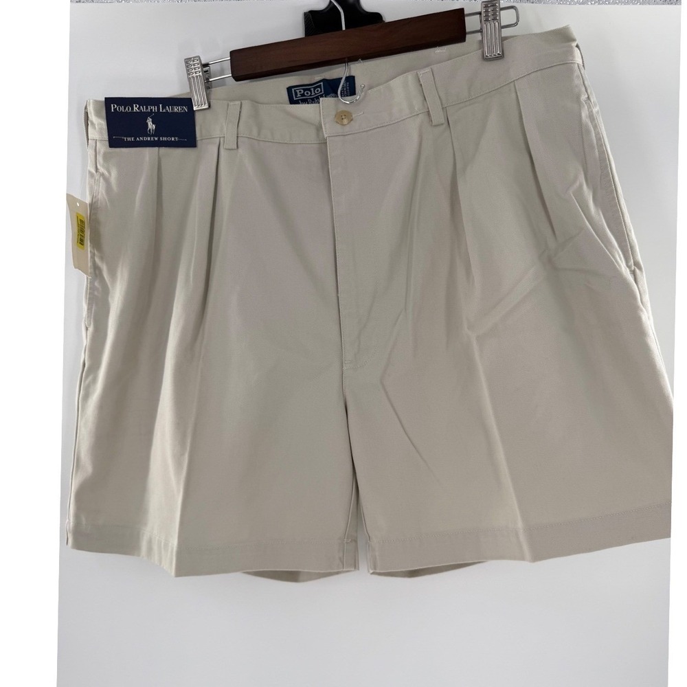 VTG Polo Ralph Lauren Andrew Short Mens 40 Tan Khaki Pleated Chino Cotton NWT